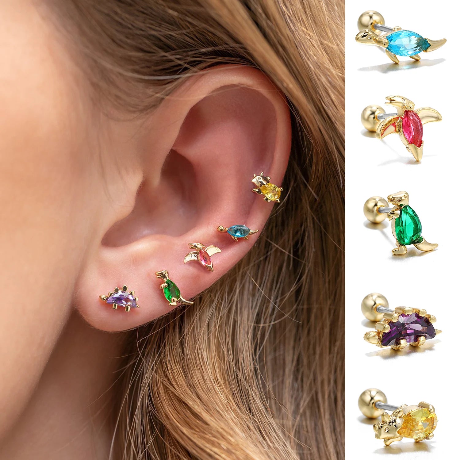 Dospita New Stainless Steel Screw Rod Zircon Dinosaur Ear Bone Nails Wild Animal Earrings Piercing Earrings Single Hot Sale