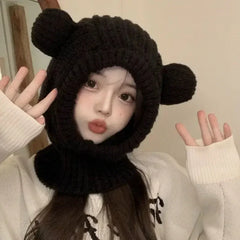 Dospita Korean Women Hooded Beanies Outdoor Winter Warm Ear Protection Headgear Wool Knitted Bib Scarf Cap Cartoon Bear Crochet Bonnet