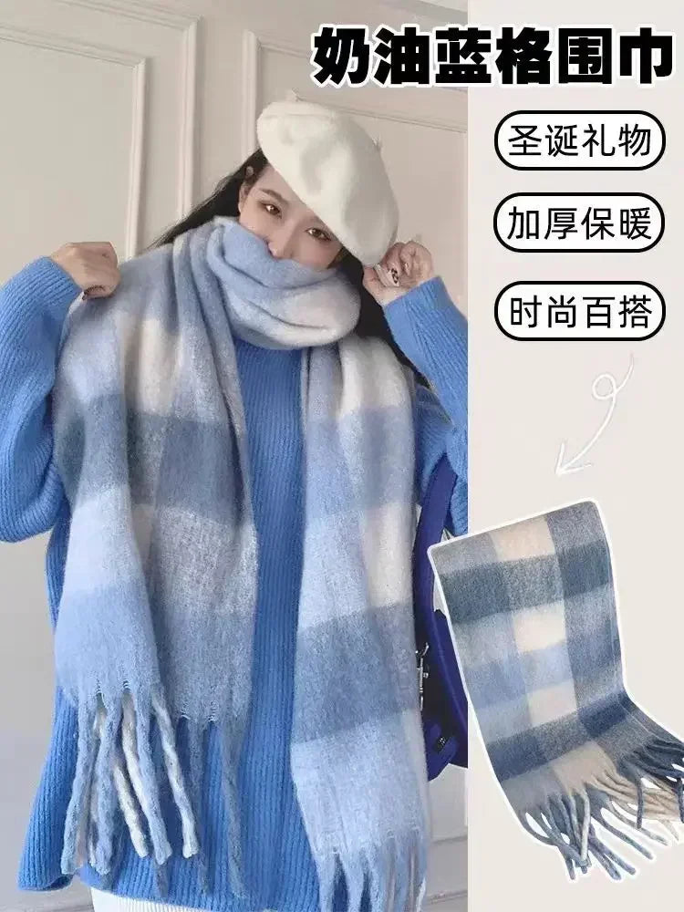 Dospita  -  1PC New Soft Winter Cashmere Scarf Multi-style Warm Long Tassel Scarves Mohair Thickened Wrap Shawls for Women Girls 230*40cm