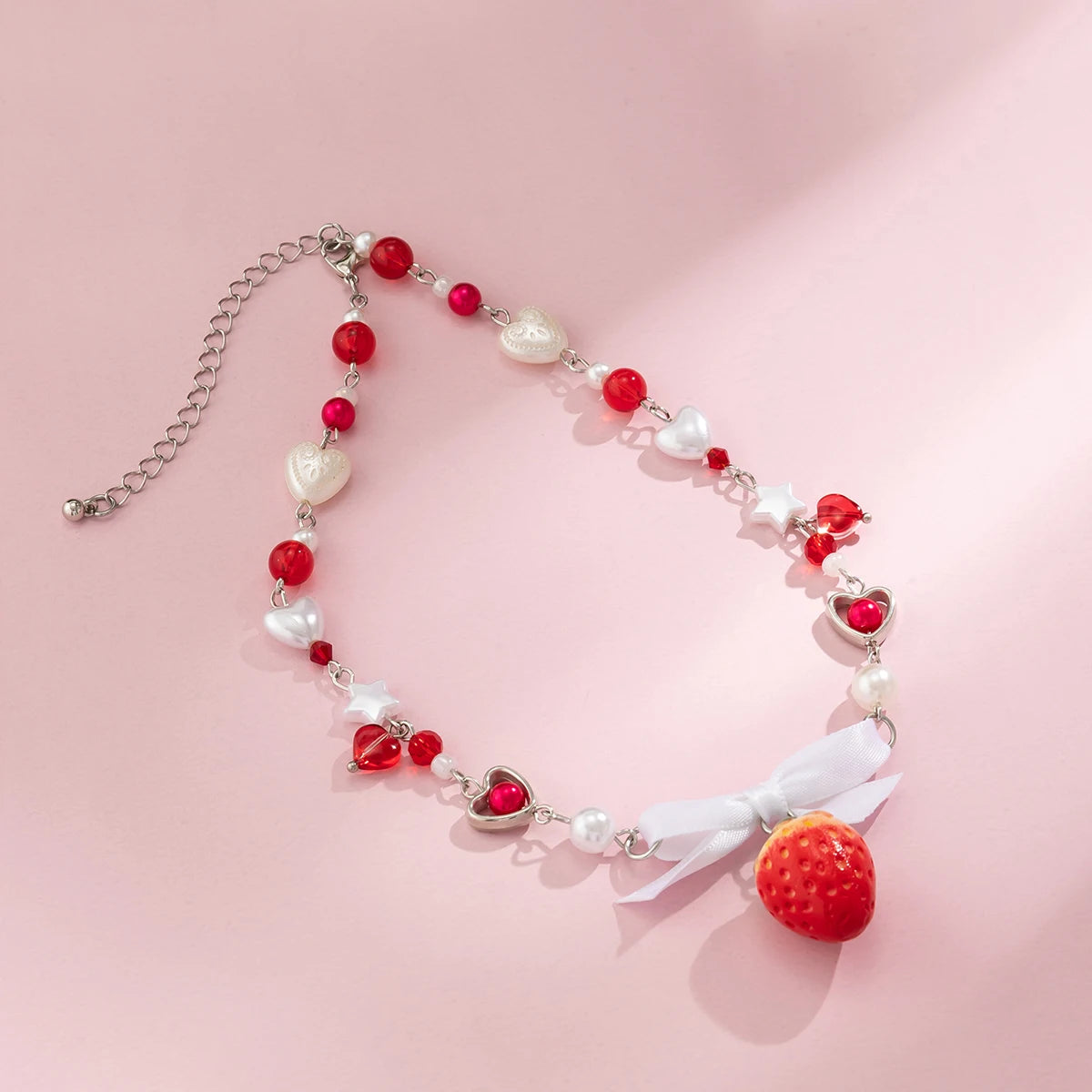 Dospita  Korean Cute Red Strawberry Pendant Collar Necklace Gothic Y2K Heart Shaped Imitation Pearl Chain Choker Trend Jewelry