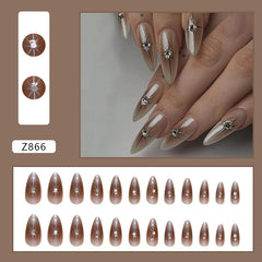 Dospita 24pcs Almond Press on Nail Sweet and Cool Hot Girl Style Fake Nail Flashing Starlight Diamond Nail Art Removable Nail Plates