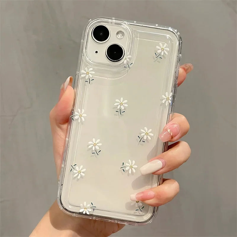 Dospita  -  Cute Cherry & Daisy Phone Case For iPhone 16 15 14 13 12 11 Pro Max X XR 7 8 Plus Transparent Silicone Shockproof Case Cover