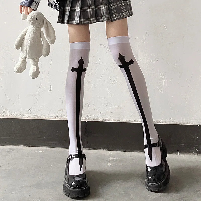 Dospita Cross Stockings Cosplay Black Women Punk Harajuku Dark Gothic Y2K Festival Party Hosiery Long Socks Knee Lolita Girls High Socks