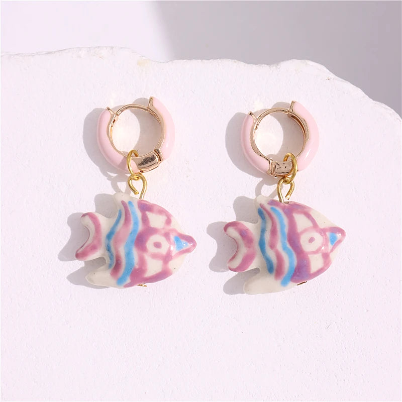 Dospita  -  Colorful Enamel Hoop Earrings for Women Girls Glazed Fish Cute Handmade Chic Ancessories Summer Beach Trend Jewelry New