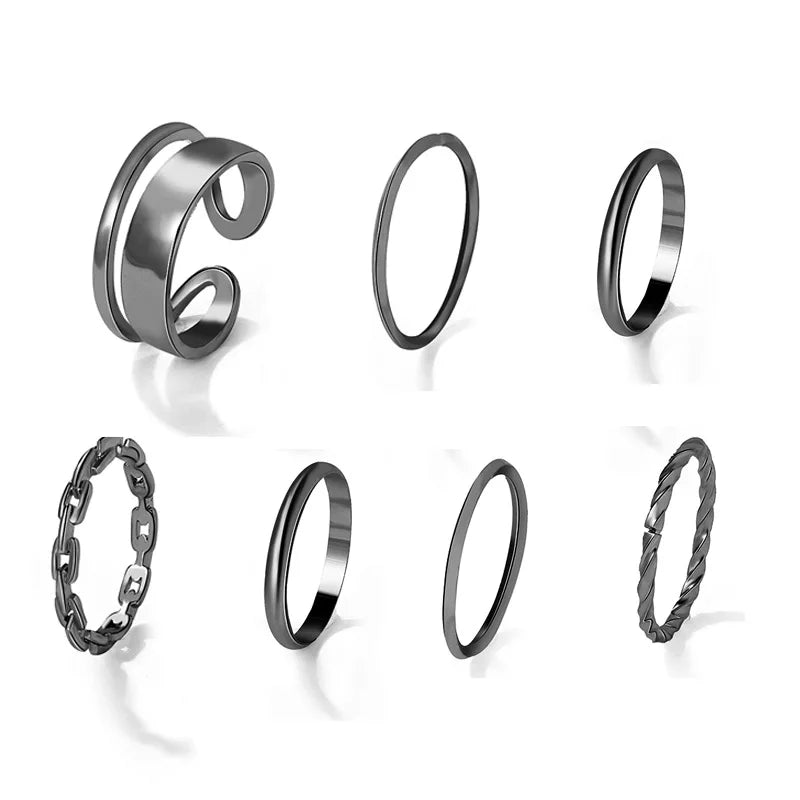 Dospita New Black Knuckle Ring Fashion Classic Simple Stacking Combination Set 7 Piece Rings