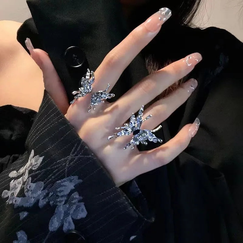 Dospita  -  Punk Irregular Butterfly Rings For Women Liquid Metal Butterfly Earring Aesthetic Egirl Gothic Insect Open Rings Jewelry