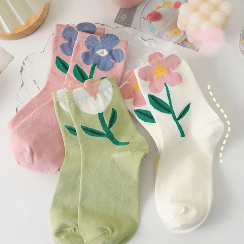 Dospita 1 Pair Women Cotton Socks Tulip Flowers Sweet Socks For Girl Famale Cute Dress Socks Spring Summer Harajuku Casual Mid Tube Sock