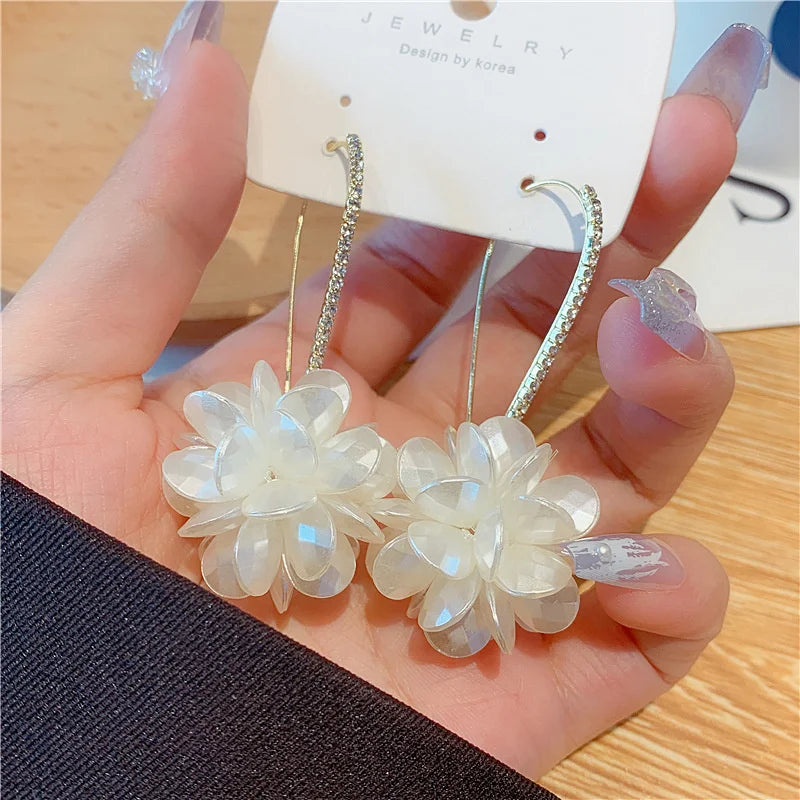 Dospita  -  Summer Long Flower Earrings Hand-made Pearl Beaded Korean Fashion Shiny Earrings Sweet Jewelry Gifts Wholesale