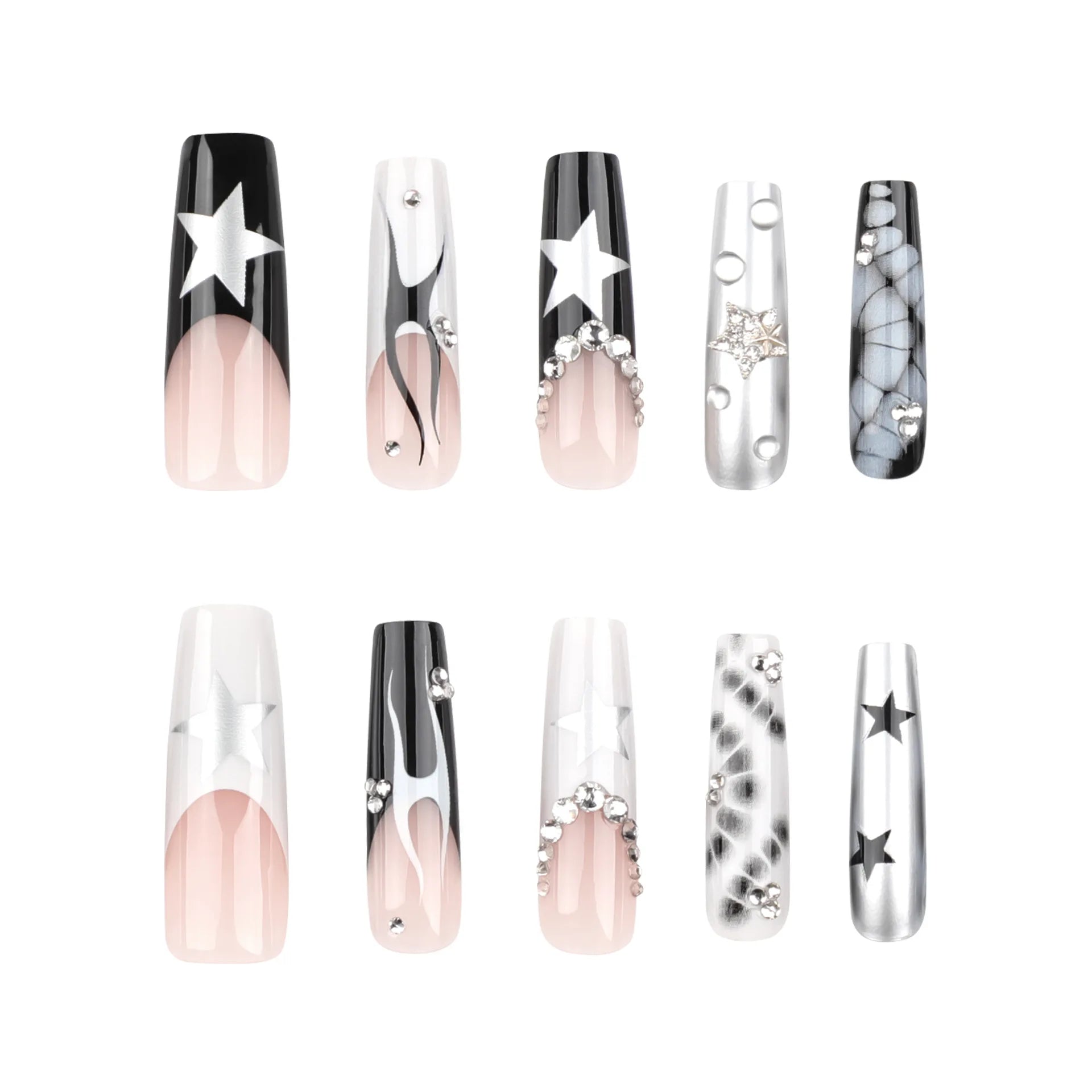 Dospita Punk Cool Fake Nails Y2k Sliver Star Crystal Crocodile Pattern Press on Nails Long Coffin Heavy Metal French False Nails