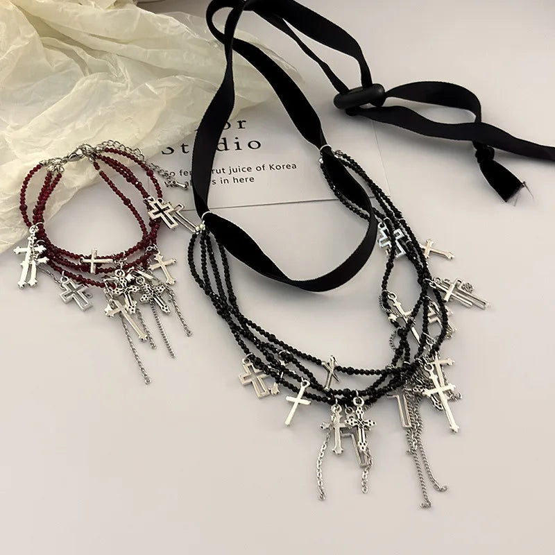 Dospita Gothic Cross Tassels Pendant Necklace for Women Girls Handmade Multilayer Beaded Necklace Pchoker Bracelet Dark Punk Jewelry Set