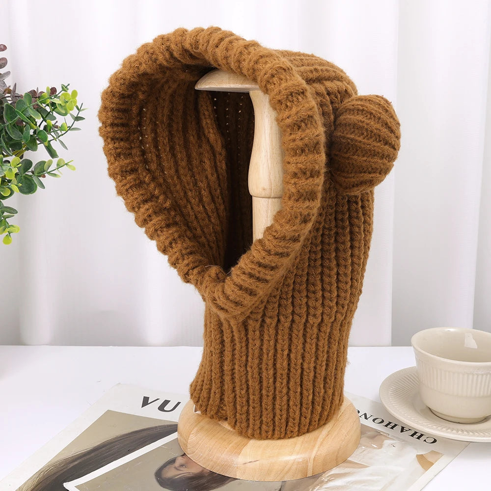 Dospita Korean Women Hooded Beanies Outdoor Winter Warm Ear Protection Headgear Wool Knitted Bib Scarf Cap Cartoon Bear Crochet Bonnet