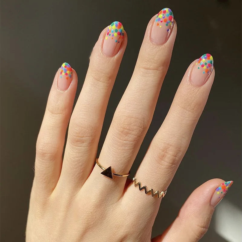 Dospita 24Pcs Short Almond False Nails with Glue Colorful Flowers Design Fake Finger   Nails Wearable Artificial Oval Press on Nails