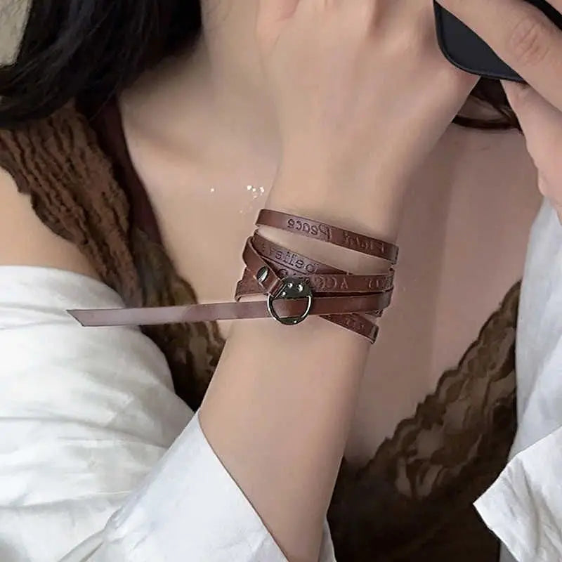 Dospita Maillard Style Brown Artificial Leather Necklace for Women Adjustable Bracelet Multifunctional Choker Waist Chain Trendy Jewelry