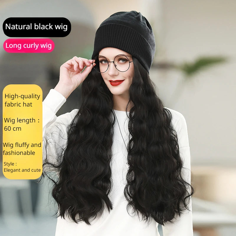 Dospita Curly Wigs Hat Women One-piece Wig Woolen Hats Long Wig Beanies Girls Cute Fashion Wig Bonnet Daily Casual Wig Beanie Winter Hat