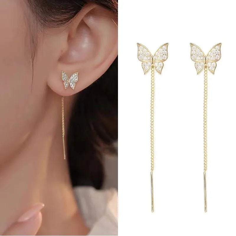 Dospita  -  Fashion Long Tassel Ear Line Earrings For Women Korean Temperament Crystal Fish Tail  Drop Earrings Girls Daily Party Jewelry