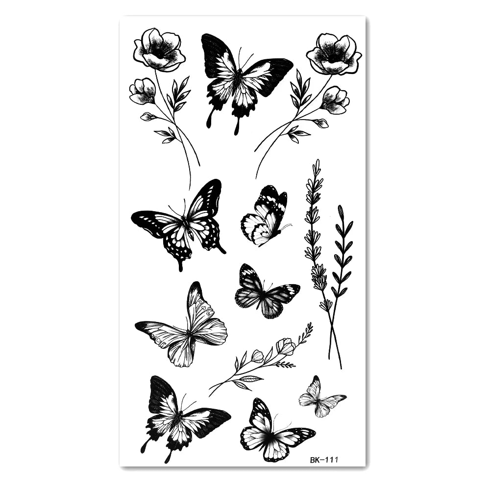 Dospita  -  Black Butterfly Temporary Tattoo Sticker Colorful Flower Body Legs Arm Art Realistic Fake Tattoo Festival Party Bikini Tattoos