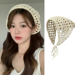 Dospita Vintage Hollow Triangle Headscarf for Women Summer Knitted Travel Headband Hair Scarf Photo Props Girls Hair Accessories