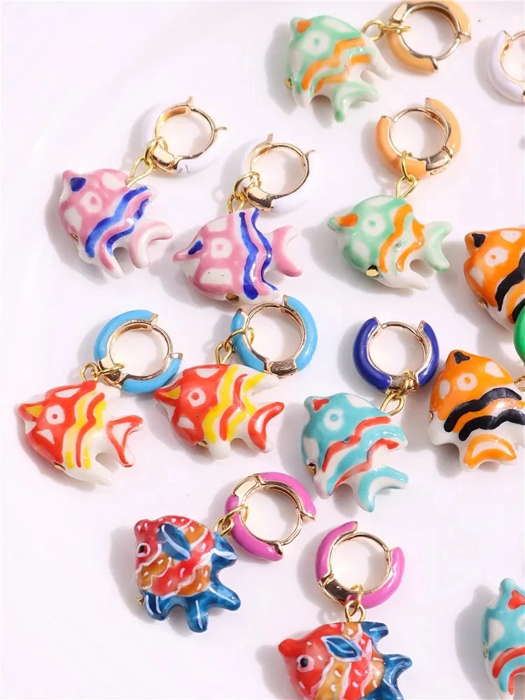 Dospita  -  Colorful Enamel Hoop Earrings for Women Girls Glazed Fish Cute Handmade Chic Ancessories Summer Beach Trend Jewelry New