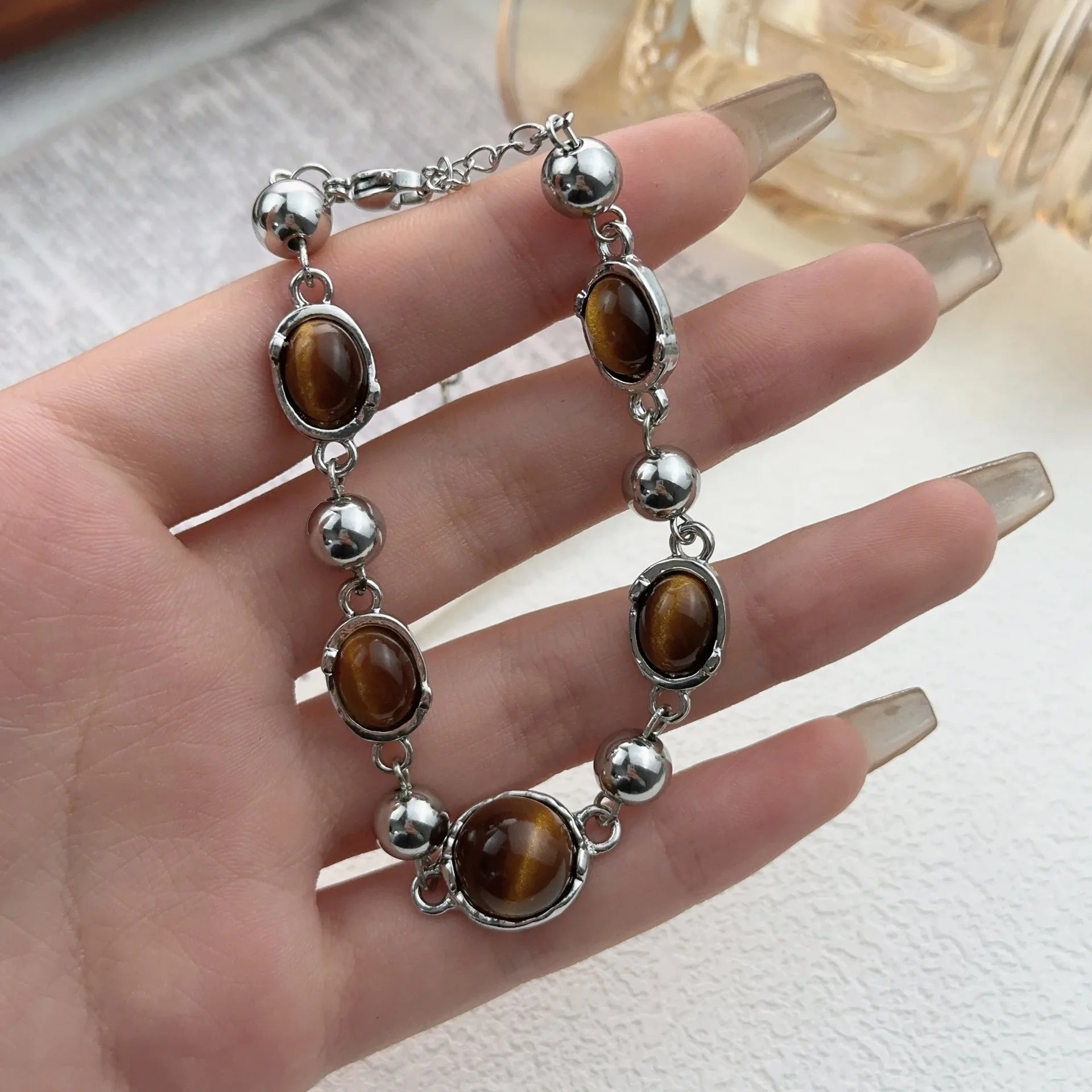 Dospita Tiger Eye Stone Pearl Bracelet Women's Jewelry Maillard Retro Indian Style Men's Women's Bracelets Handmade Ethnic Accessories