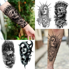 Dospita  -  62 Sheets Black Scary Skull Vampire Temporary Tattoos For Men Women Neck Arm Tattoo Sticker Fake Snake Flower Compass Tatoos 3D