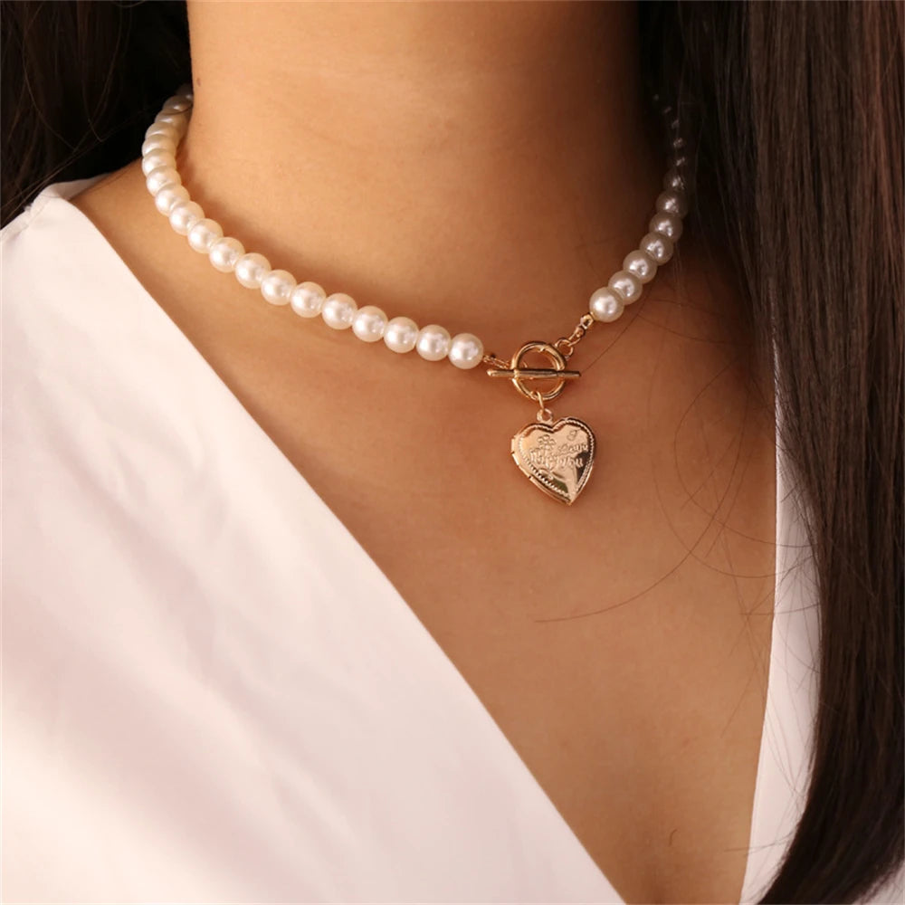 Dospita Vintage Elegant Big Pearl Choker Necklace with OT Buckle Classic Gold Heart Pendant Necklace for Women Jewelry Gifts