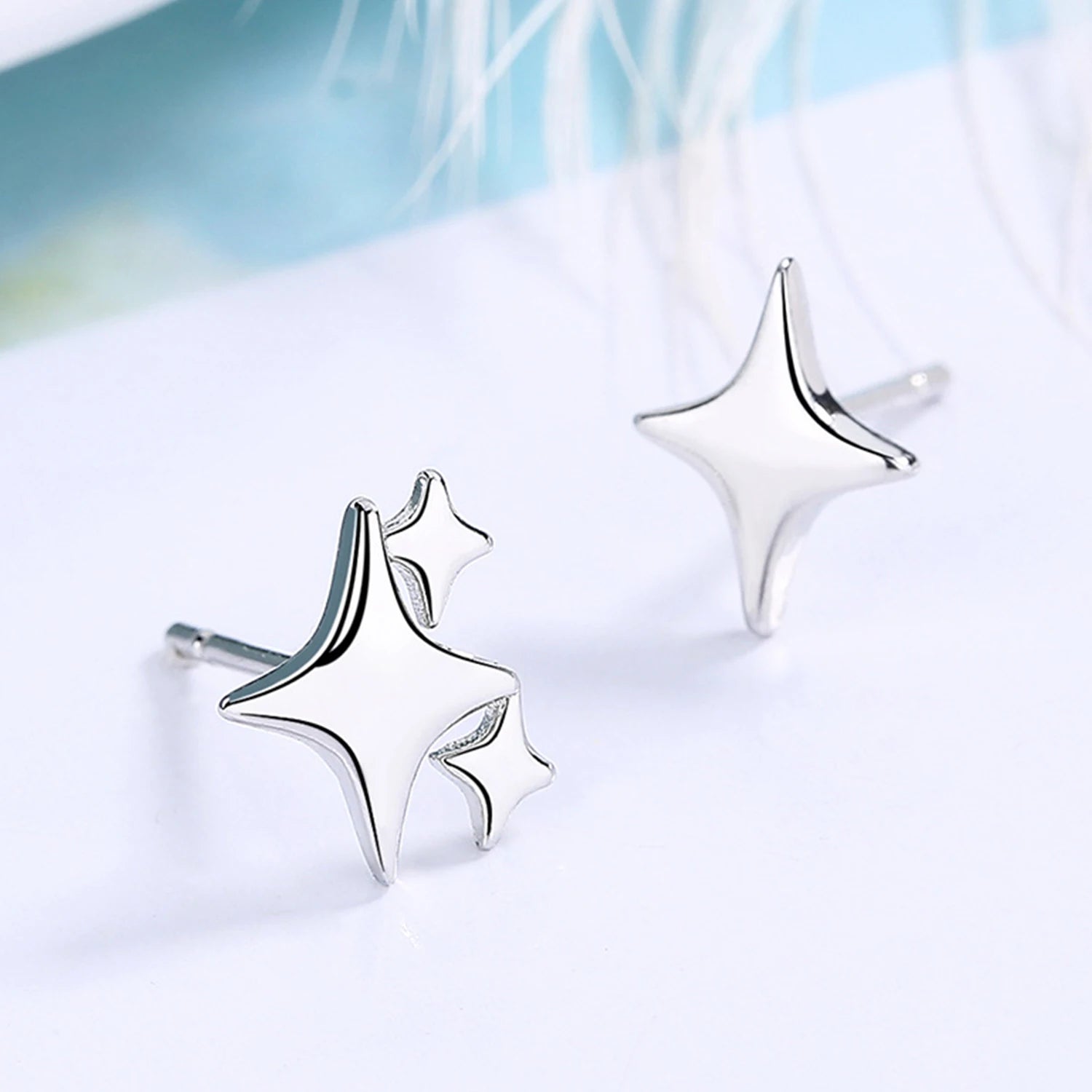 Dospita Silver Color Asymmetric Four-pointed Star Earrings For Women Super Fairy Stud Earring Simple Jewelry Hot Sale Gift