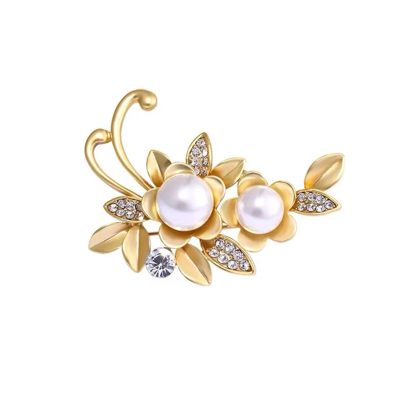 Dospita Elegant Pearl Leaf Rhinestone Brooches For Women Fashion Metal Fixed Clothing Pins Clothing DailyJewelry Accessories