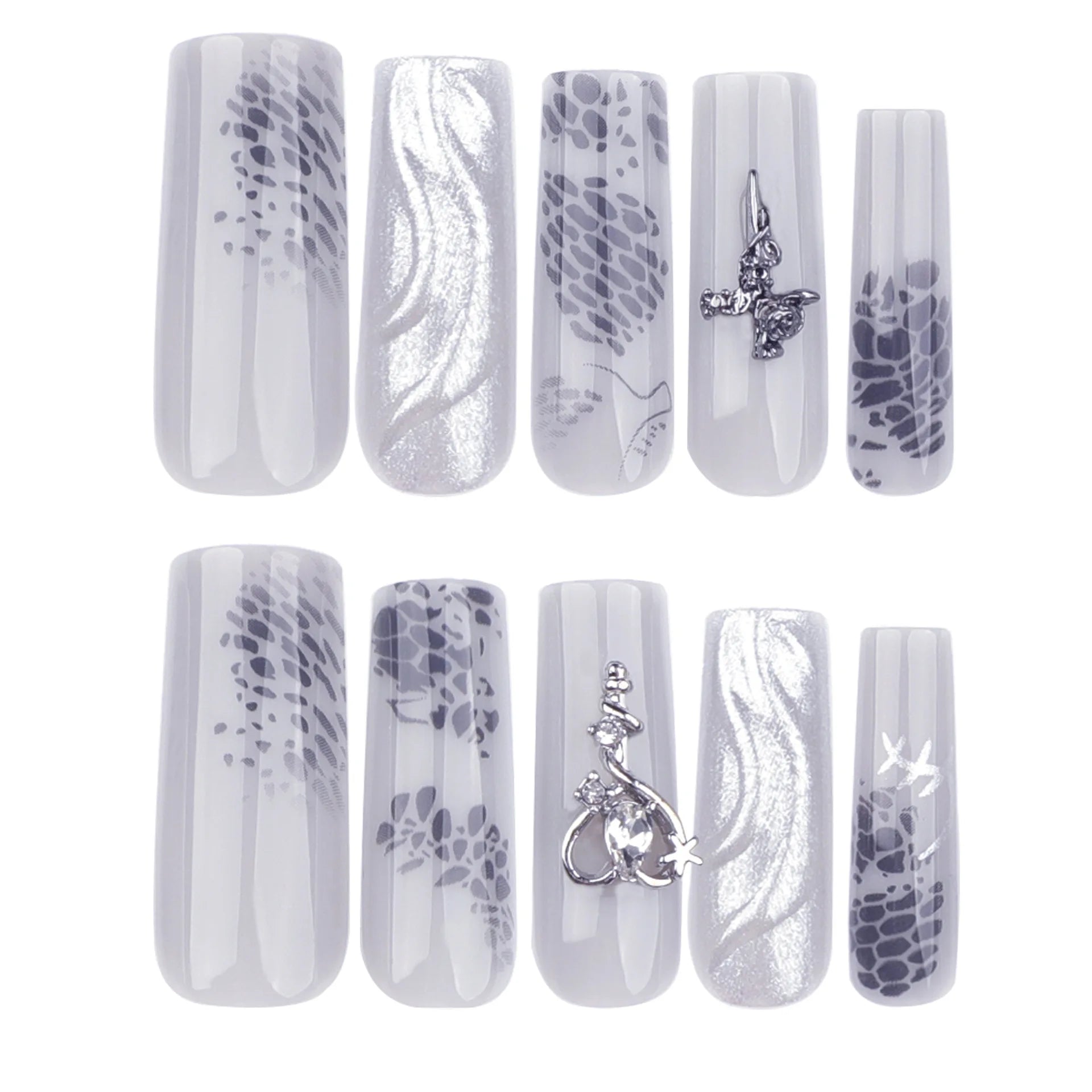 Dospita 24pcs Spice Girls Fake Nails Heavy Metal Long Ballet Press on Nails Full Cover Wearable European 3D Love Rose False Nail Tips