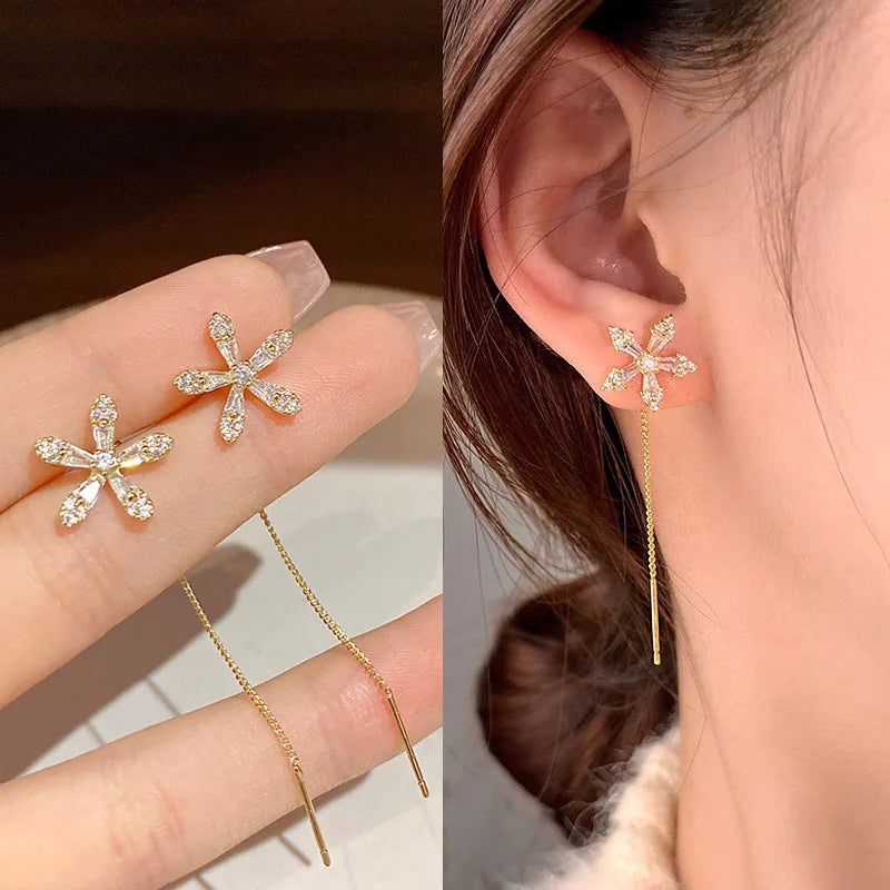 Dospita  -  Fashion Long Tassel Ear Line Earrings For Women Korean Temperament Crystal Fish Tail  Drop Earrings Girls Daily Party Jewelry