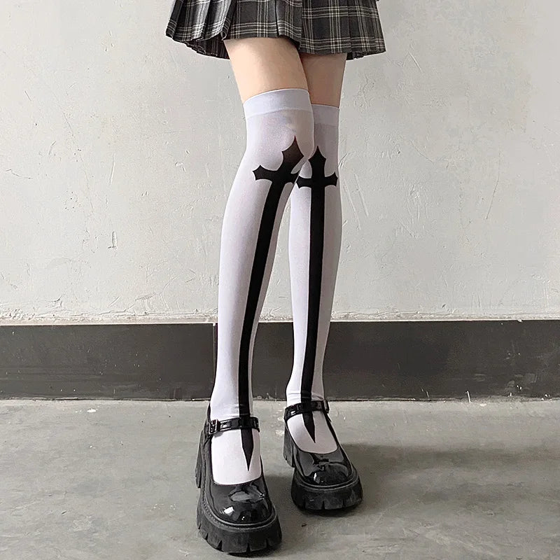 Dospita Cross Stockings Cosplay Black Women Punk Harajuku Dark Gothic Y2K Festival Party Hosiery Long Socks Knee Lolita Girls High Socks