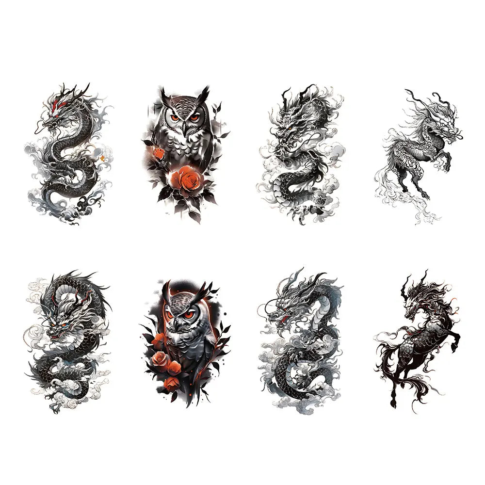 Dospita  -  8pcs Waterproof Temporary Tattoo Sticker Flying Dragon Owl Rose Flowers Dark Animal Body Art Arm Fake Tattoos Sleeve Women Men