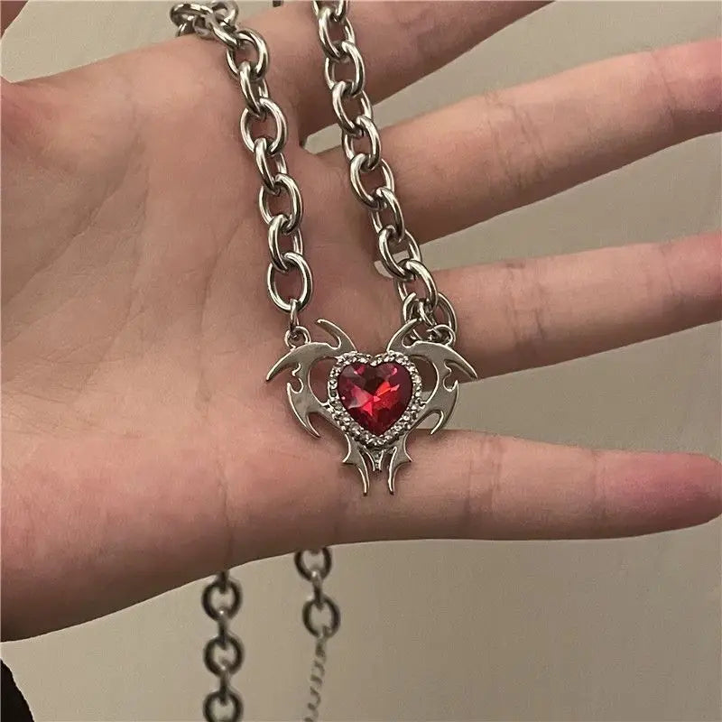 Dospita Korea New Red Zircon Love Pendant Necklace Thick Chain Totem Punk Clavicle Chain Necklace HUANZHI for Women Girls Party Jewelry