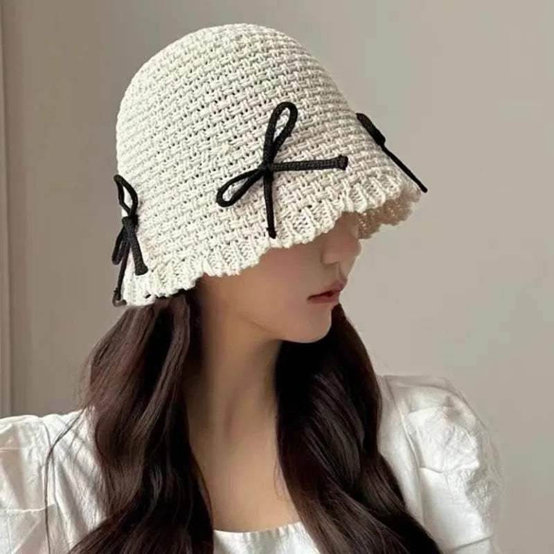 Dospita Korean New Bow Knitted Bowl Hat Womens Summer Hollow Thin Cute and Versatile Small Round Top Fisherman Hat Y2k Girls Bucket Hats