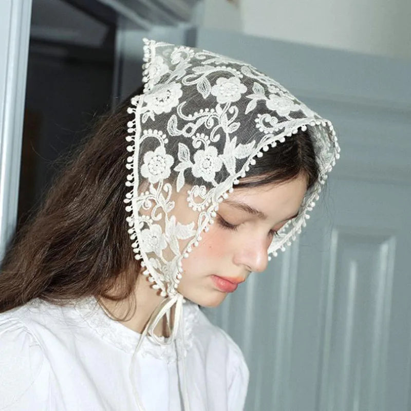 Dospita  New White Woven Floral Lace Hair Scarf Wraps Women Vintage Triangle Headscarf Hat Travel Photo Headband Hair Accessories