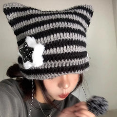 Dospita Y2K Beanie Hat Ins Little Devil Striped Knitted Wool Cap Autumn and Winter Cute Cat Ears Pentagram Pullover Women's Hat Cap