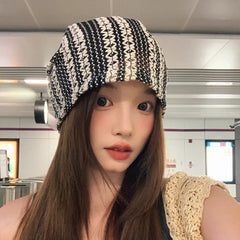 Dospita Windproof Crochet Striped Skullies Cap Korean Style Keep Warm Women Knitted Hat Big Head Circumference Thicken Slouchy Beanie