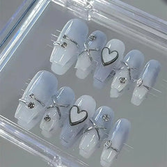 Dospita 10Pcs Blue Handmade Press on Nails Ombre Fake Nails with 3D Heart Design Glossy Long Silvery Line Stick on Nails for Women Girls