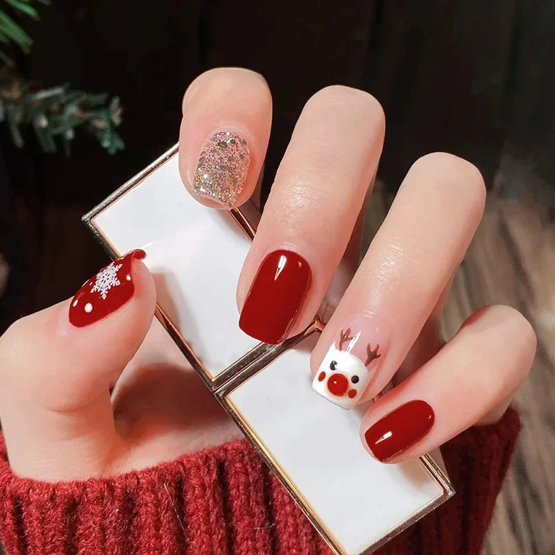 Dospita 24Pcs/Set Christmas Collection Wearing False Nails Art Elk Santa Claus Snowman Press on Nail Tips Kawaii Acrylic Stick on Nails