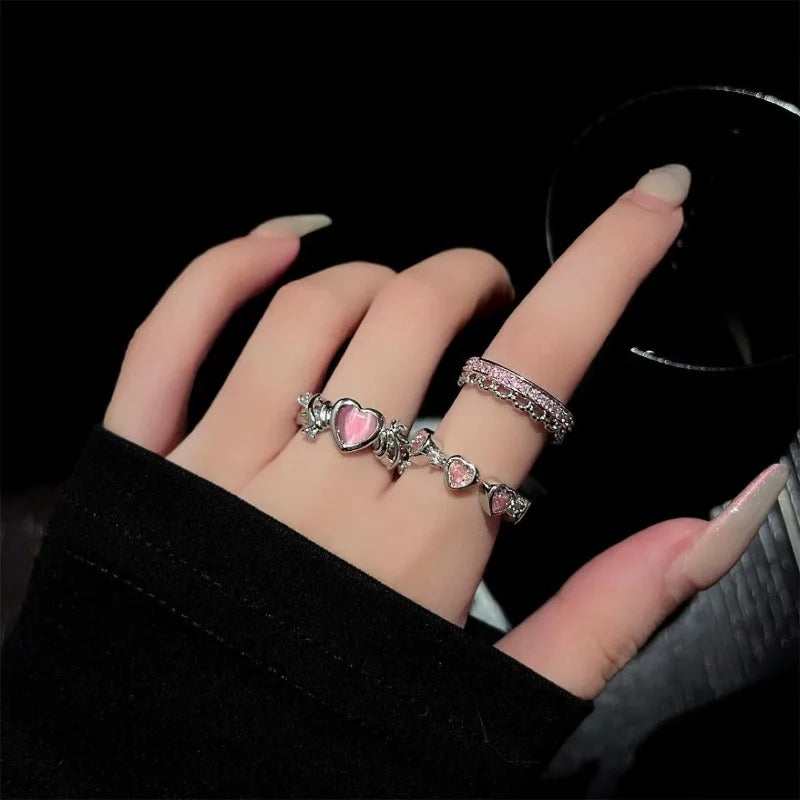 Dospita 3PCS Y2K Irregular Heart Rings for Women Creative Purple Crystal Love Geometric Open Finger Ring Set Trendy Vintage Jewely Gifts