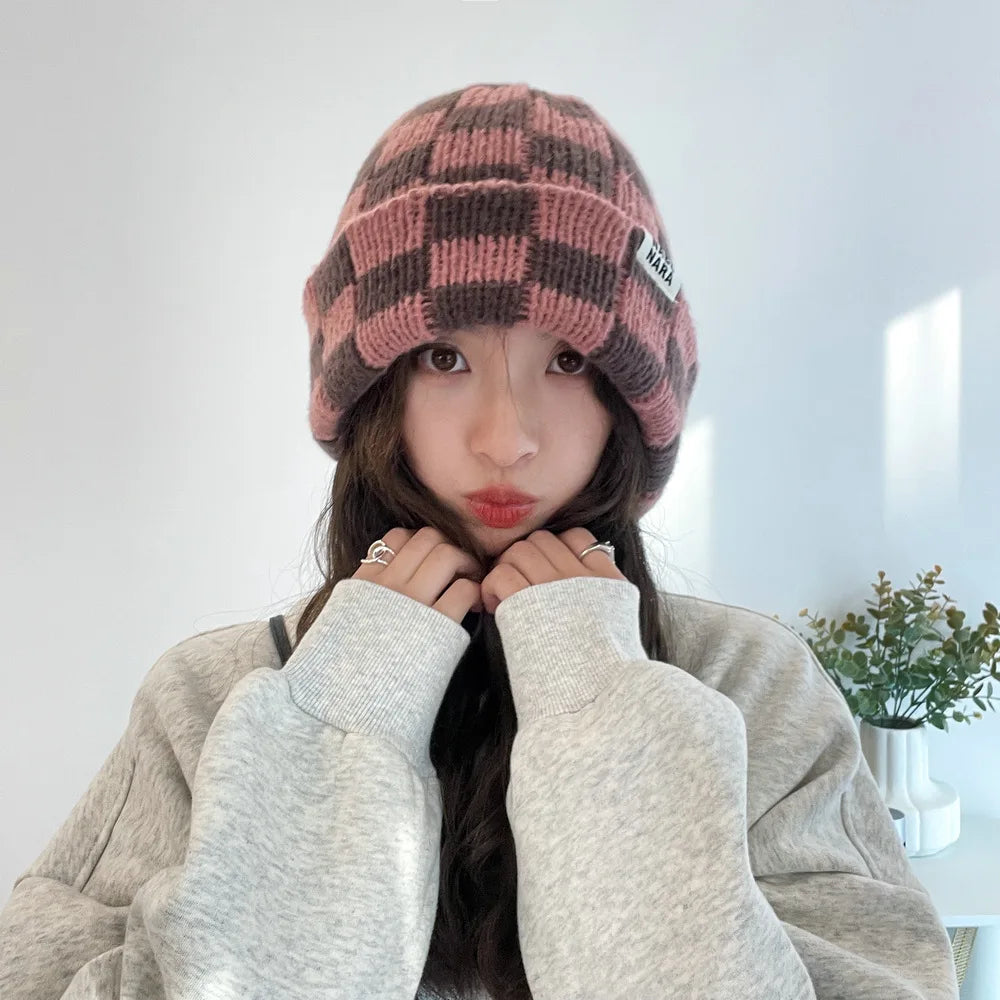 Dospita  -  Fashion Plaid Knitted Beanies for Women Winter Pullover Hat Red Green Color Checkerboard Skull Hat Street Casual Beanie Gorras