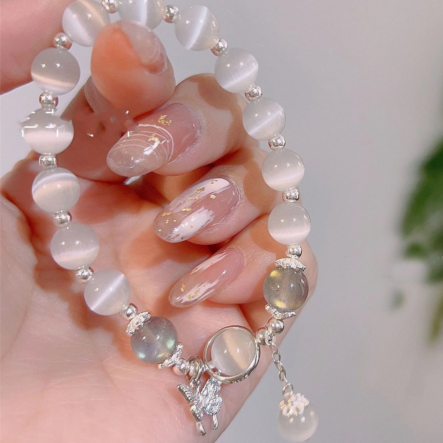 Dospita Korean Fashion Imitation Opal Bracelet Simple Pendant Bracelet Ins Moonstone Crystal Bead Moon Pendant Bracelet Jewelry Gifts