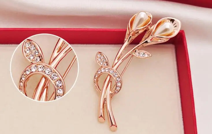 Dospita Elegant Tulip Brooch Rhinestone Flower Brooches For Women Bouquet Lapel Pins Female Suit Collar Pin Wedding Party Jewelry