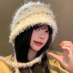 Dospita Fashion Korean Stye Rainbow Beans Hat Autumn Winter Outdoor Y2k Woolen Crochet Hat Ear Protection Warm Women Bucket Hat Girls