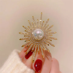 Dospita Korean Luxury Full of Rhinestone Sun flower Brooches For Women Big Pearl Brooch Pins Jewelry Accessories For Clothing Suit