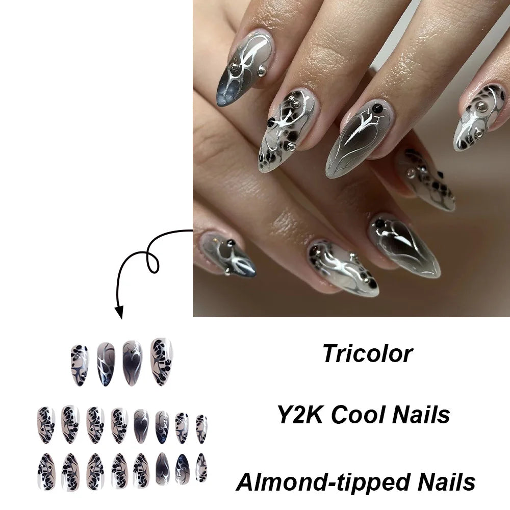 Dospita Wearable Y2k Cool False Nails Long Almond Tricolor Fake Nails Fashion Nail Tips Press On Round With Silver Stripes Beads Designs