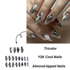 Dospita Wearable Y2k Cool False Nails Long Almond Tricolor Fake Nails Fashion Nail Tips Press On Round With Silver Stripes Beads Designs