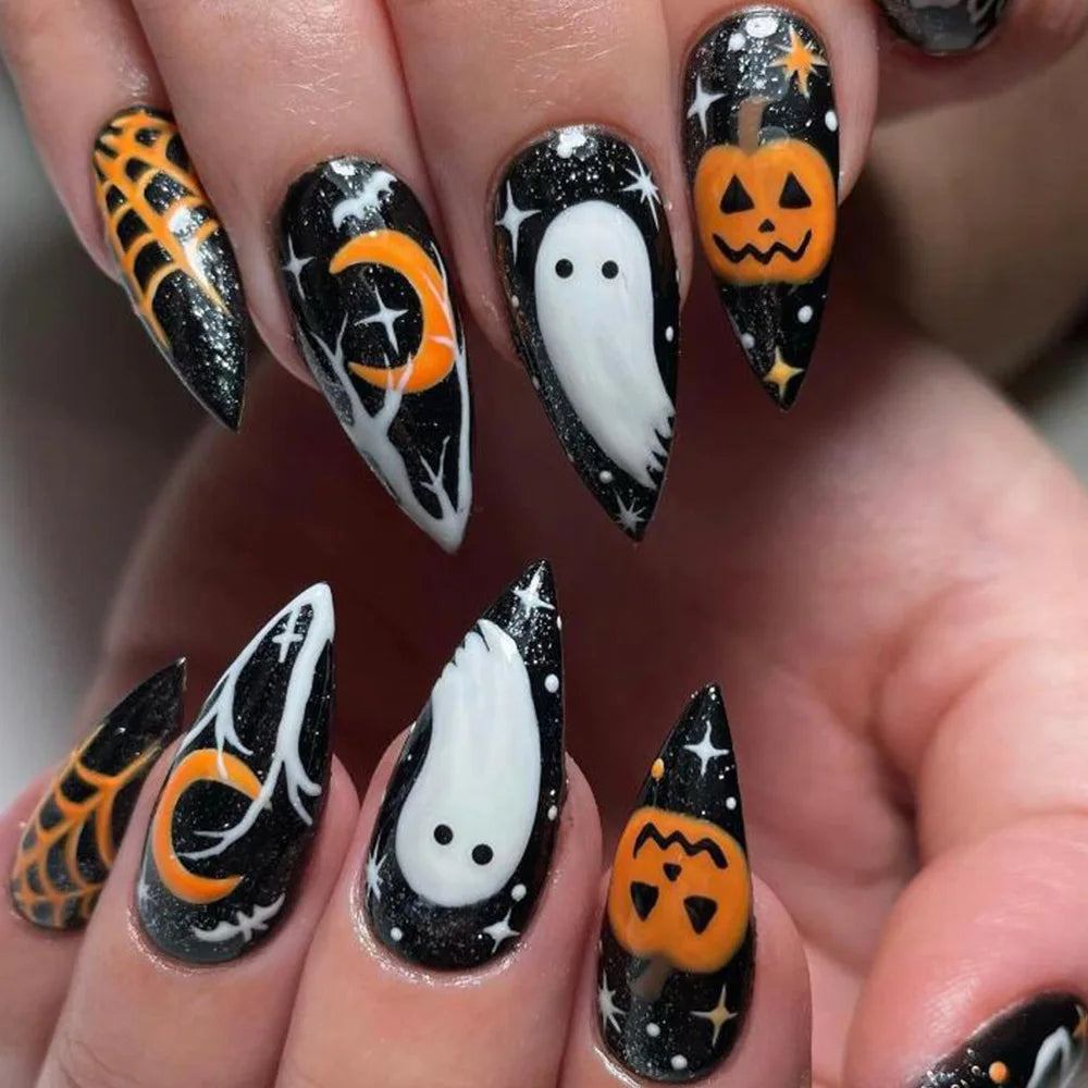 Dospita 24Pcs Halloween Almond False Nails with Glue Flame Ghost Design Fake Nail Tips Long Oval Press on Nails Full Cover Manicure