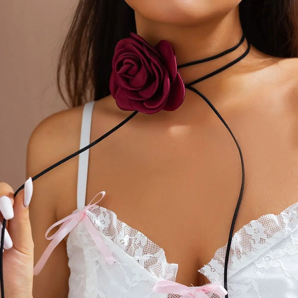 Dospita  -  Long Rope Rose Flower Choker Neck Accessories Adjustable Wedding Necklace with Large Flower Romantic Necklace