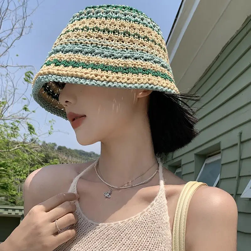 Dospita Sweet Hot Girl Colorful Straw Woven Bucket Hats for Women's Summer Straw Hat for Beach Shading Hat Female Trendy Accessories