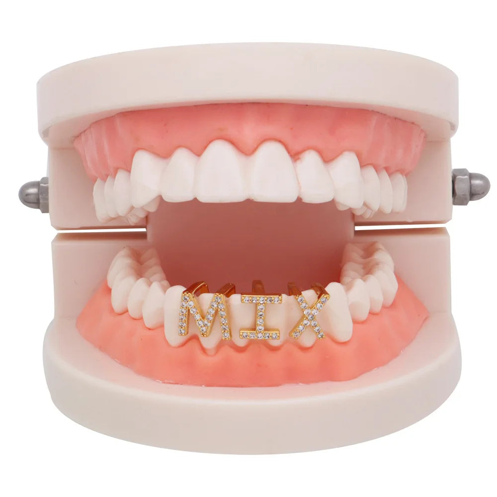 Dospita Hip Hop 26 Letters Gold Silver Teeth Grillz All Iced Out Micro Pave CZ Grills With Silicone For Christmas Gift